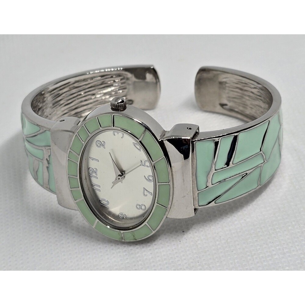 Women's Classic Oval Silver Tone Dial Case Milk Green Cuff Bracelet Watch 13 - Picture 6 of 8